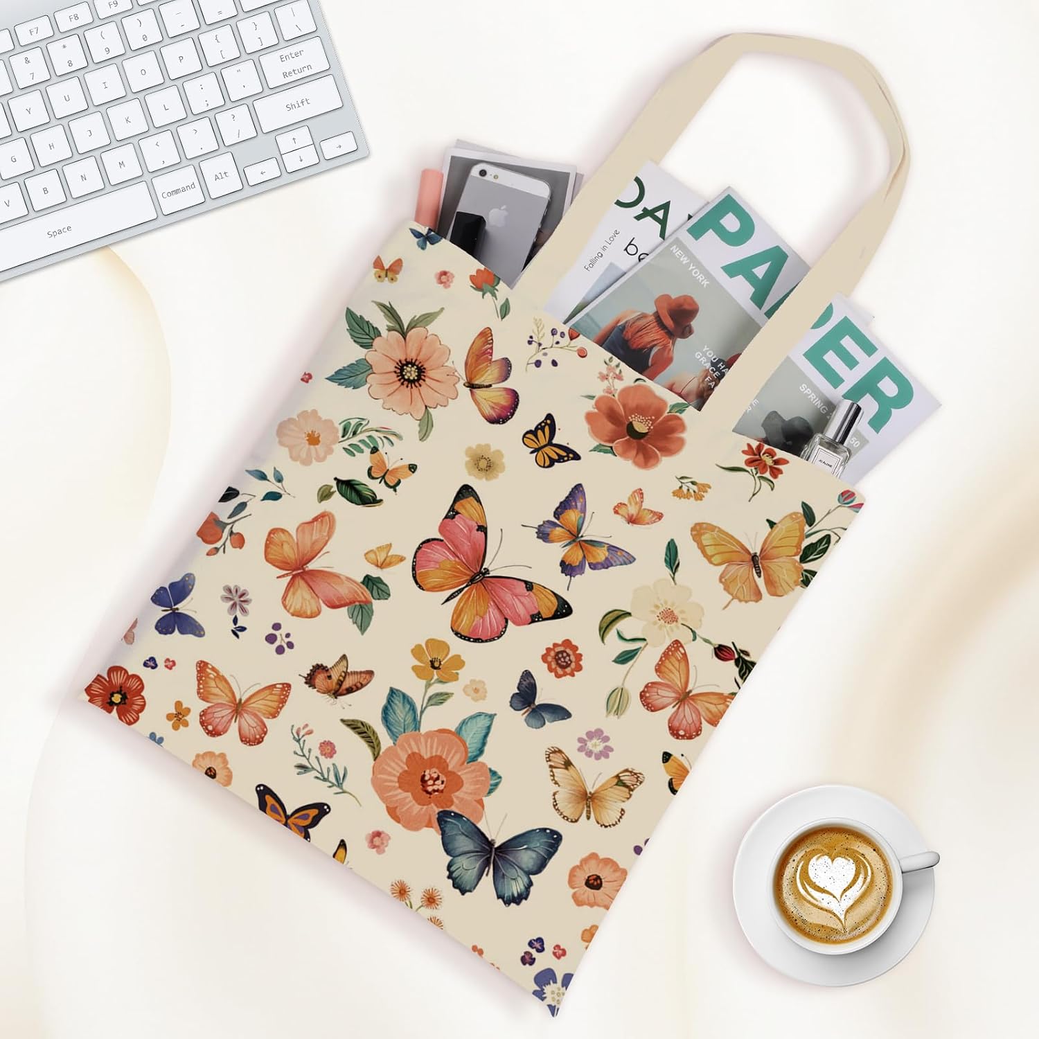 Louise Maelys Aesthetic Butterfly Flowers Canvas Tote Bag For Women,with Zipper Inner Pocket,Cotton 15" X 16" for Lady Girls,Kitchen Reusable Grocery Bags - Image 3