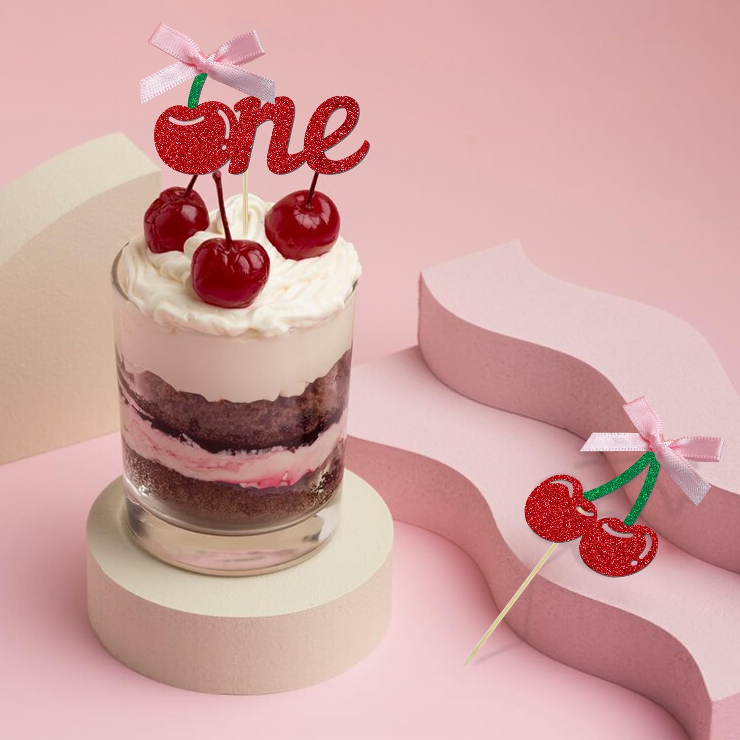 24 Pack Cherry 1st Birthday Cupcake Toppers, Glitter Cherry First Birthday Cake Pick for Fruits Theme One Birthday Party Cake Decorations Supplies (Ribbon One) - Image 5