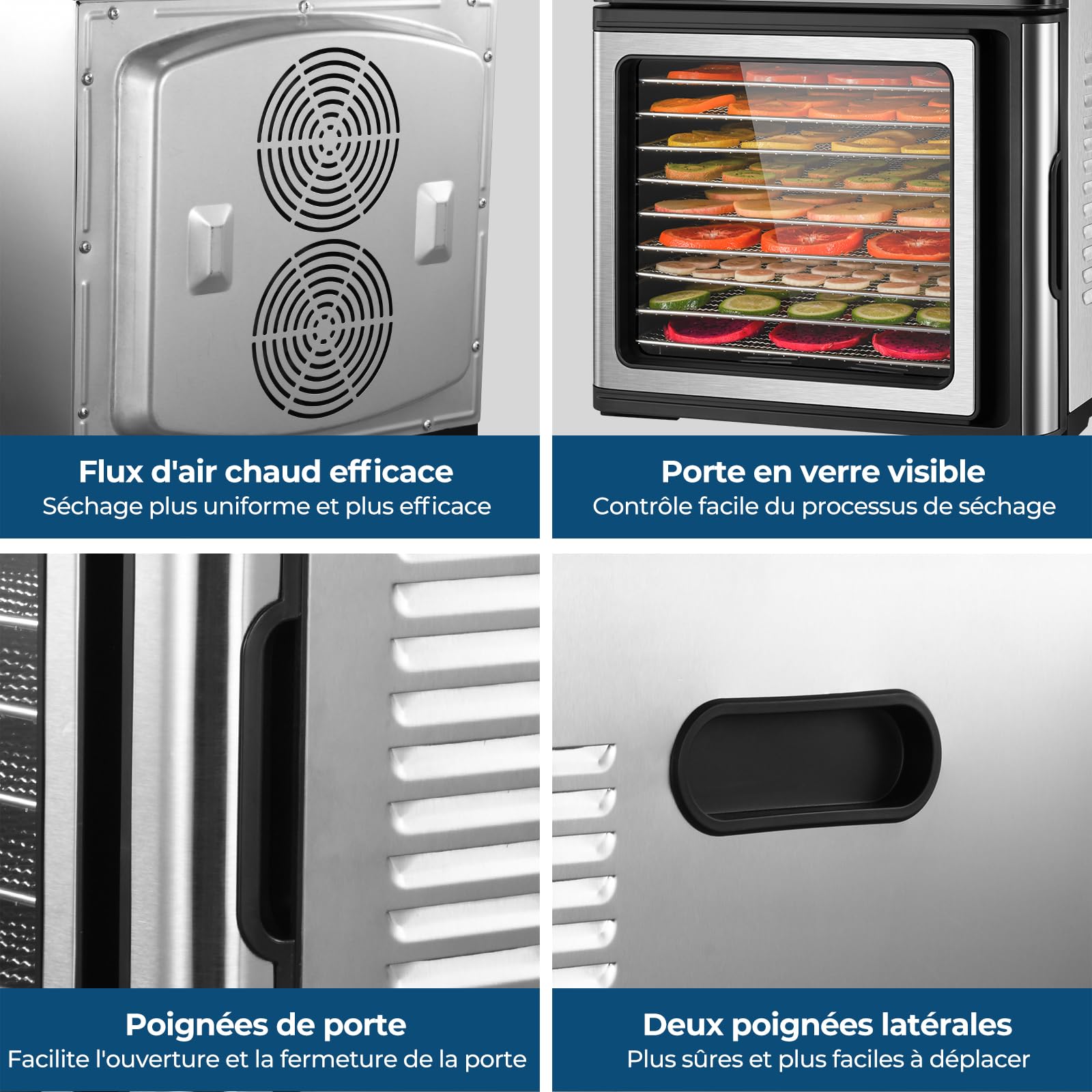 YASHE Déshydrateur Alimentaire en Acier Inoxydable, Température Contrôlée (35-75°C), Minuterie 48 Heures,9 Plateaux en Acier Inoxydable, 2 Tamis à Mailles,1 Plateau pour Rouleaux de Fruits,1000 Watts