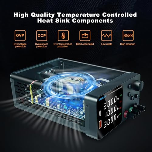 Miniatura 5 de Fuente de alimentación CC, fuente de alimentación de banco de 30 V 10 A con ajuste de codificador, carga rápida USB y tipo C de 5 V3.6 A, fuentes de