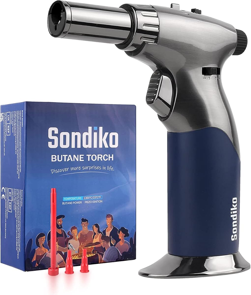Sondiko Butane Torch, Triple Adjustable Flame Size Butane Lighter, Refillable Blow Torch with Continuous Flame Lock for Creme Brulee, Cooking(Butane Gas is Not Included)