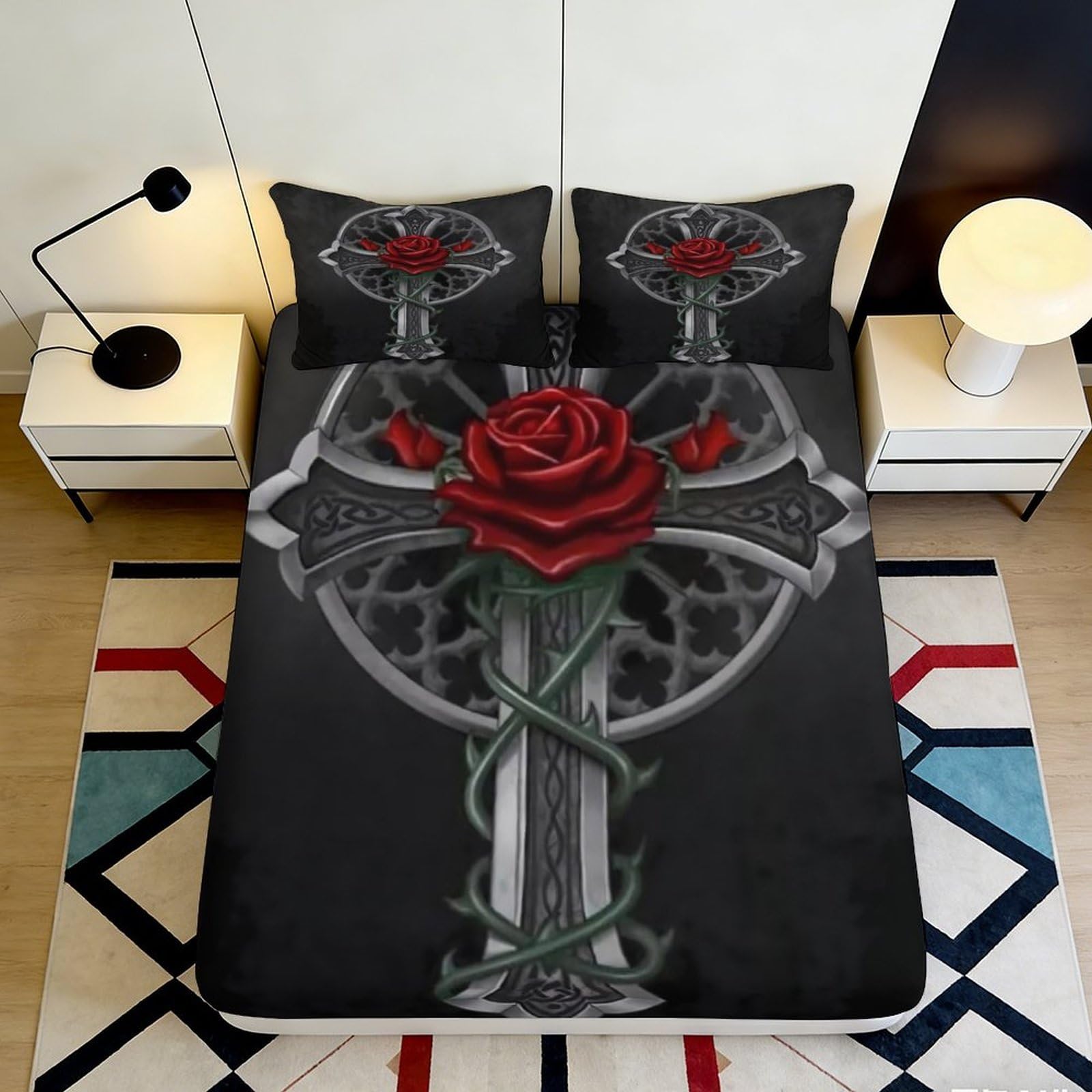 3D Printed Gothic Cross Red Rose Fitted Sheet Microfiber Non-Slip Mattress Cover Bedroom Decor Machine Washable 90x200x25cm