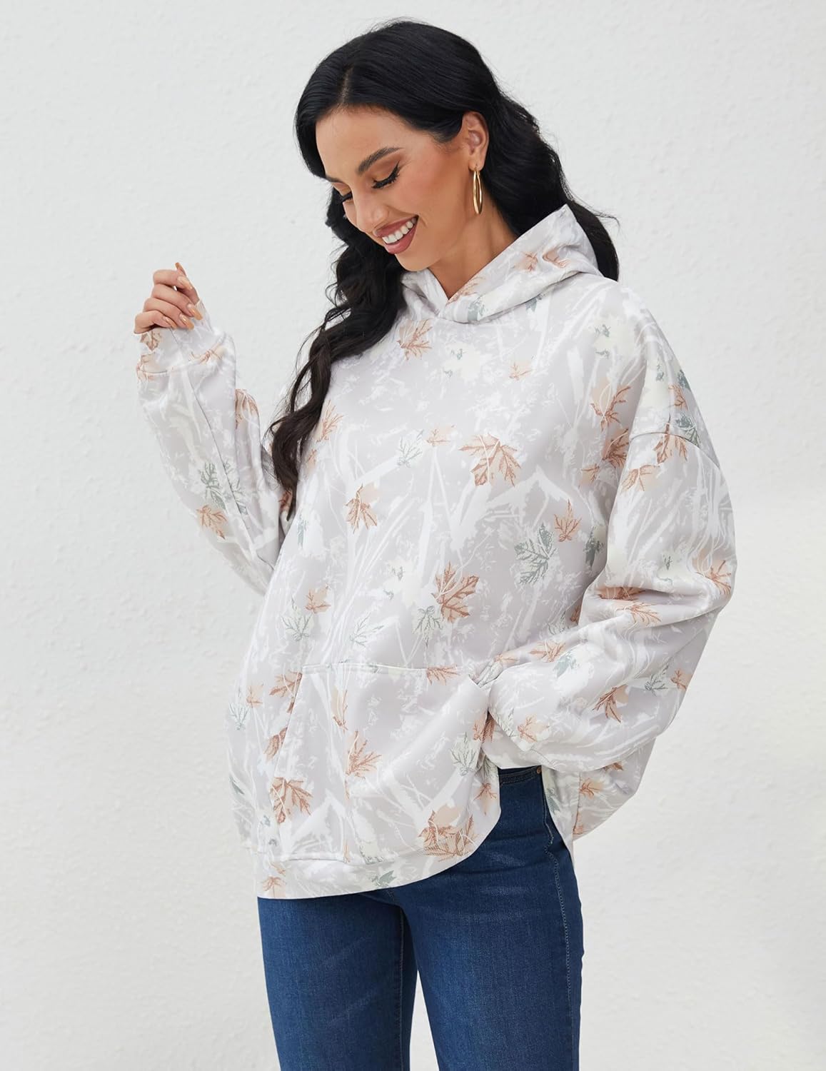 Womens Camo Hoodies Maple Leaf Print Oversized Hooded Pullover Shirt Fleece Long Sleeve Camo Sweatshirt With Pocket - Image 4