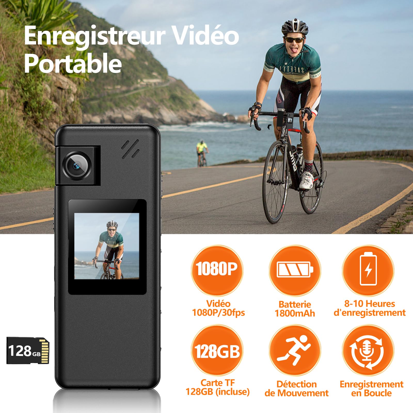 A32 128GB Caméra de Corps, Caméra Corporelle Portable avec Objectif Rotatif 180° et Détection de Mouvement, Caméscope 1080P avec Enregistrement Audio et Vidéo pour Outdoor Sports Police Livrais