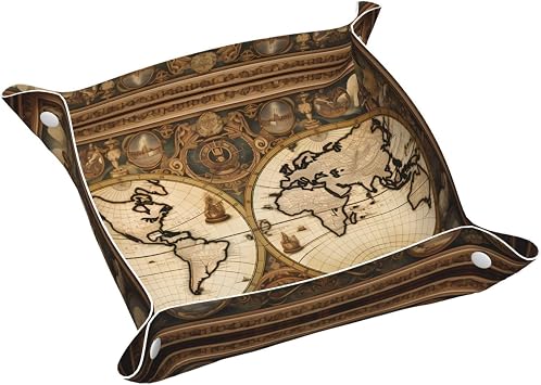 vintage old world map Printing Leather Storage Tray Waterproof and easy to clean for neatly keys, jewelry, makeup and other small items Small 9.8X9.8 in, White