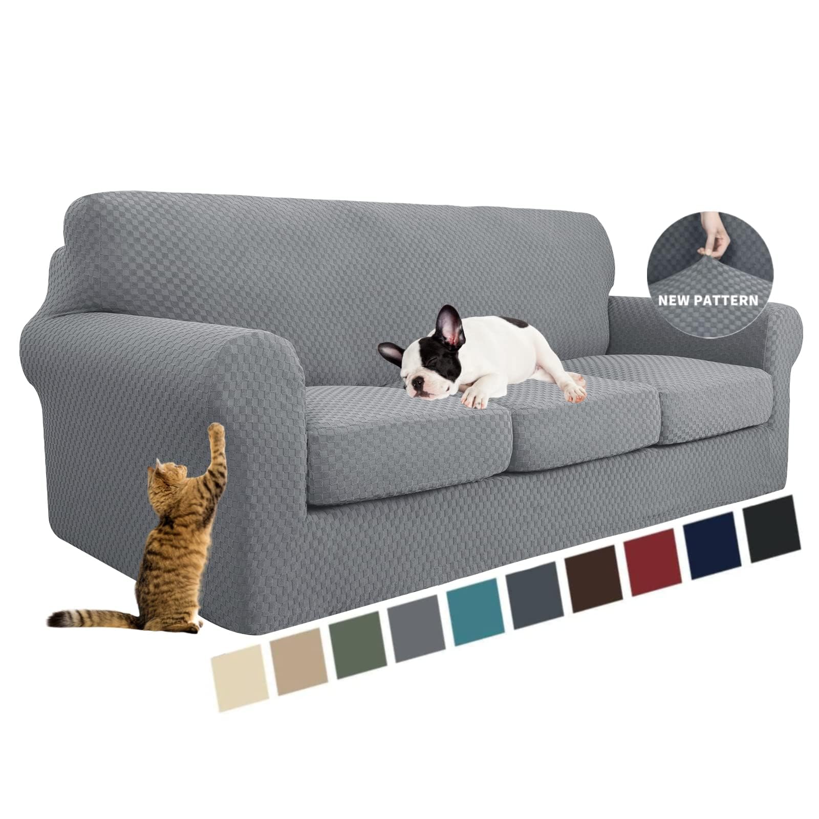 YEMYHOM Latest Checkered 4 Pieces Couch Covers for 3 Cushion Couch High Stretch Thickened Sofa Cover for Dogs Pets Elastic Slipcovers Living Room Furniture Protector (Light Gray), 71"-91"(3 Cushions)Global Recycled StandardGlobal Recycled StandardGlobal Recycled Standard