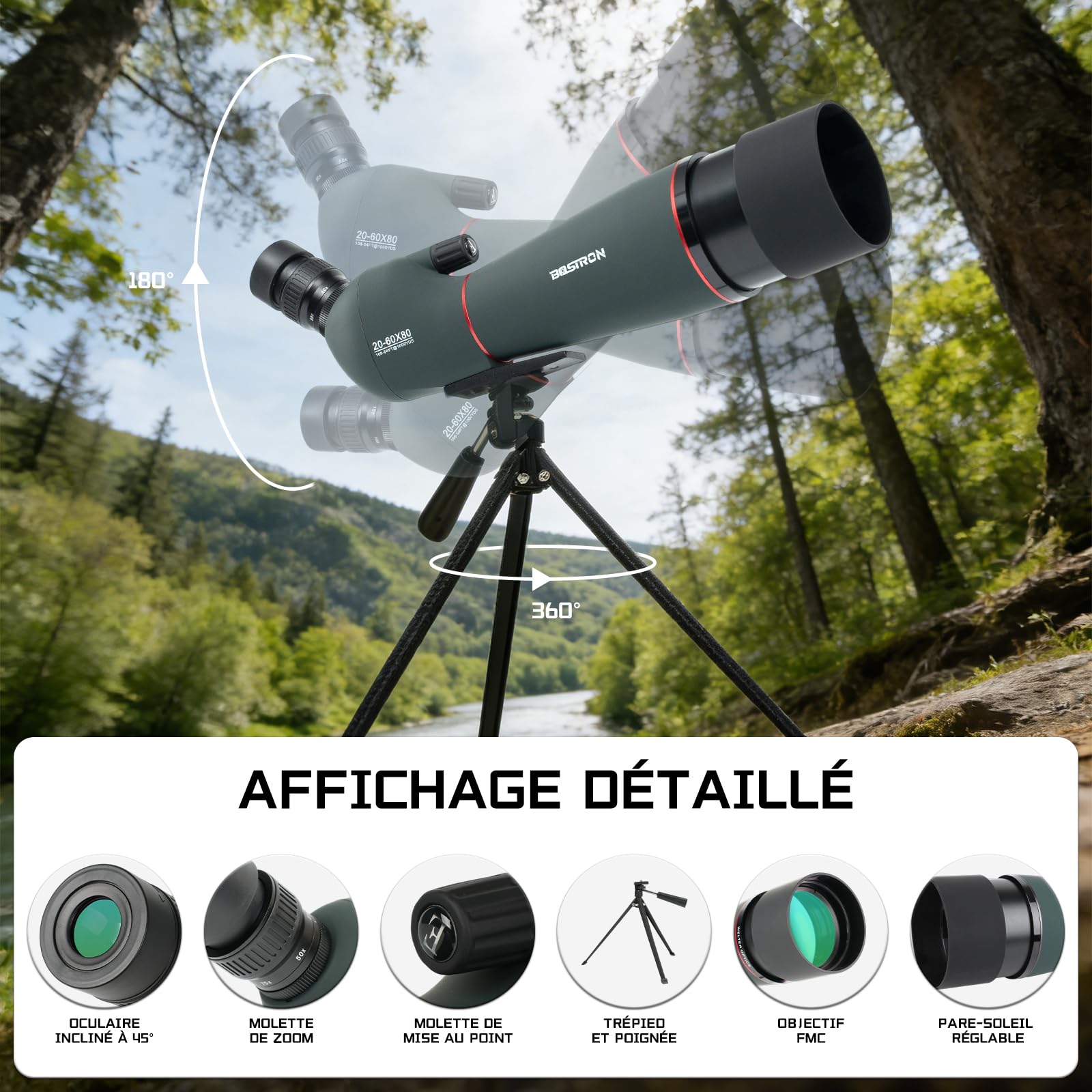 Longue Vue 20-60x80 Imperméable - Monoculaire Porro HD avec Trépied & Adaptateur Smartphone pour Ornithologie Chasse