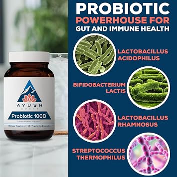 Ayush Herbs Probiotic 100B, Probiotics for Women, 60 Vegetarian Capsules