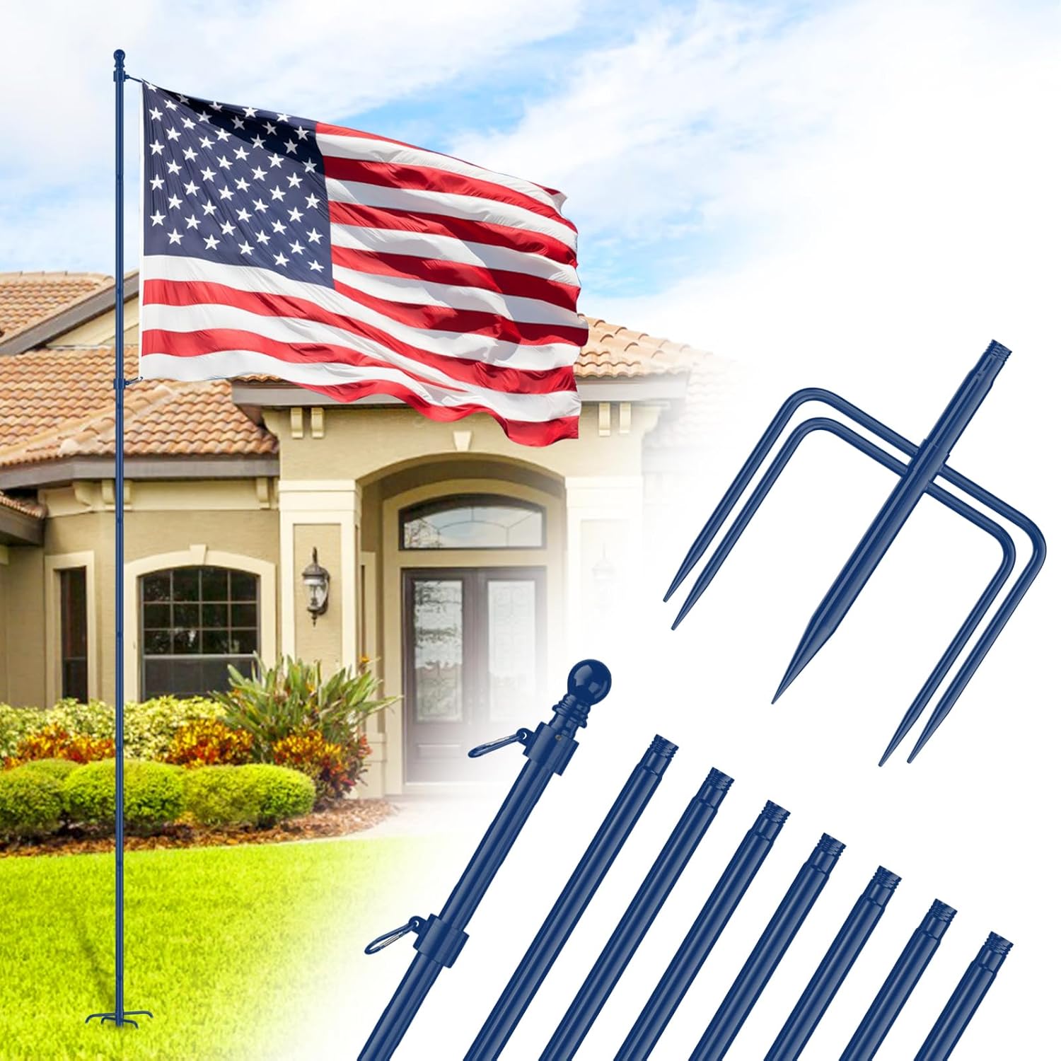 ZMTECH 10 FT Flag Pole in Ground, Heavy Duty Flag Pole Holder for Outside House with 5 Pronges Base, Extra Thick Flag Pole Kit for Yard Outdoor Garden Decor Residential Commerical(1 Pack,without Flag)