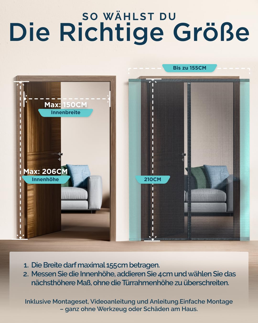 ARCOL Fliegengitter Balkontür Zuschneidbar in der Breite - Fliegengitter Balkontür Nach Maß mit Klettverschlüssen - Robustes Magnetisches Fliegengitter - Insektenschutz Balkontür (155x210 cm, Schwarz)