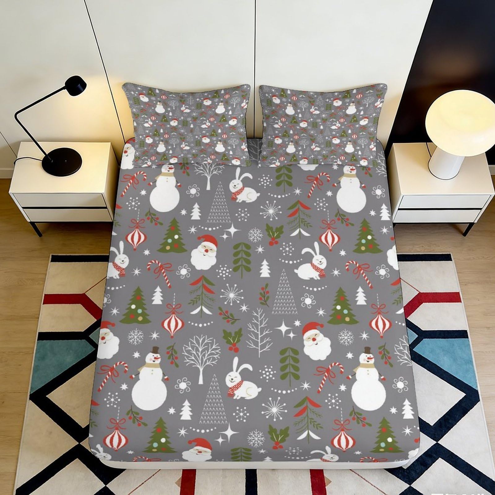 3D Printed Christmas Snowman Fitted Sheet Microfiber Soft Breathable Santa Tree Mattress Cover for Bedroom Guest Room Decor 90x200x25cm