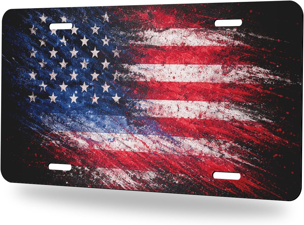 Patriotic Front License Plate American Flag Grunge Splash Vintage Aluminum Decorative License Plates Funny Novelty Vanity Tag Cover 12×6 Inch Car Decor Accessory with 4 Holes for Men Women
