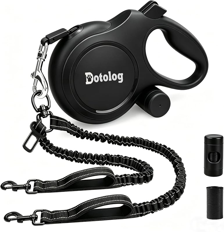 Guia Retrátil para 2 Cães Dotolog com Cordas Elásticas Duplas e Fivela para Cinto de Segurança, 8 m, Preta