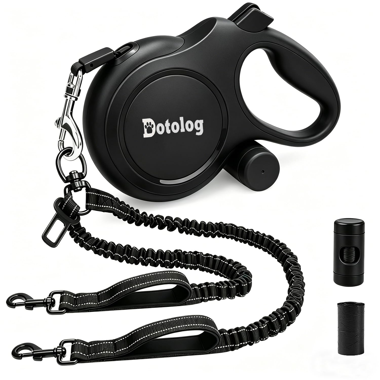 2-in-1 Retractable Dog Leash- Dotolog 16ft Extendable Lead with Bungee Leads for 2 Dogs, Elastic Leash with Dog Safety Harness Buckle, Retractable Lead 5m for Medium Large Dogs (Black, 5m)