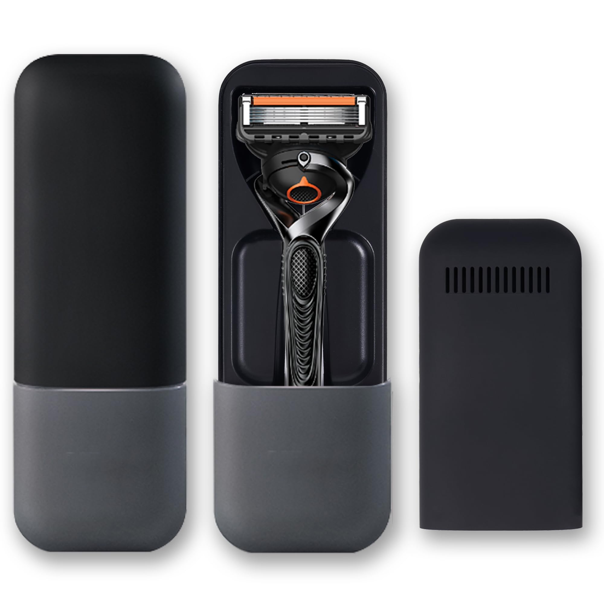 Caja de afeitar portátil de viaje manual para Gillette, adecuada para almacenamiento, 1 maquinilla de afeitar, 3 recambios de cuchillas (negro y gris)