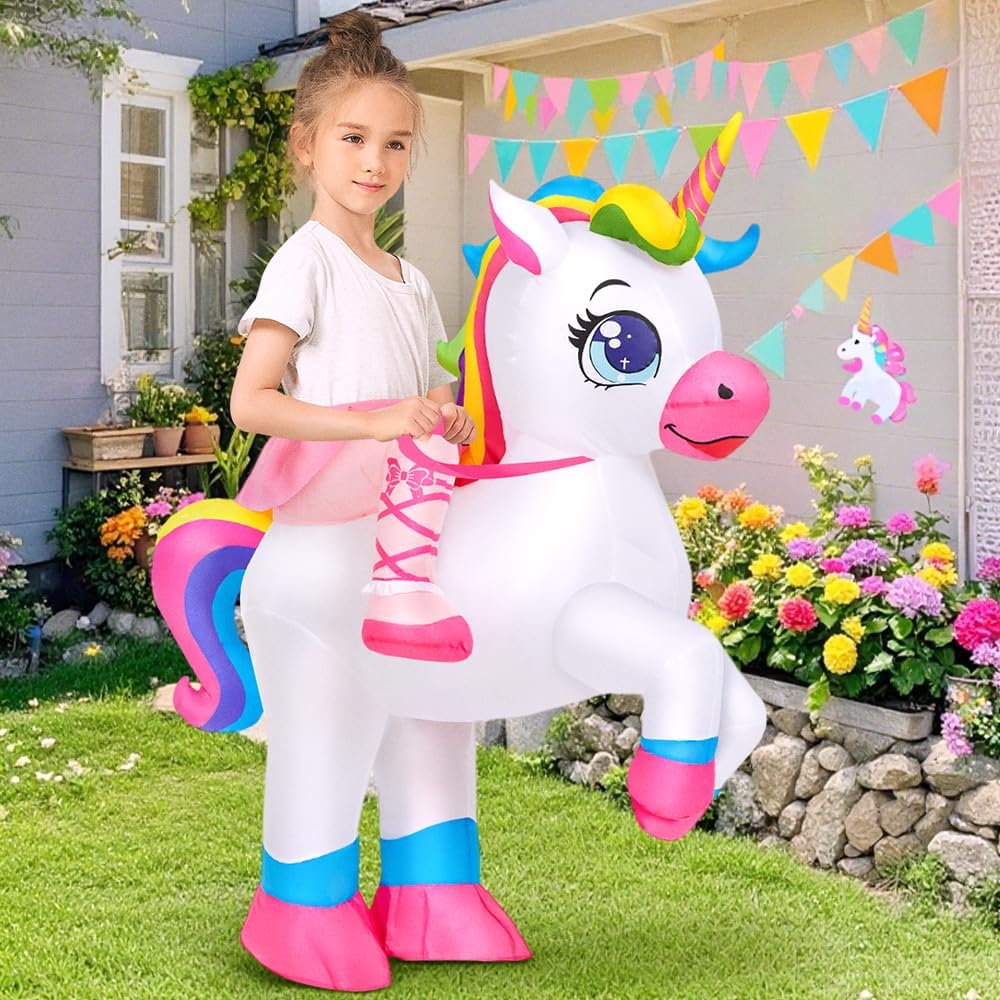KOOY Inflatable Unicorn Costume Kid, Ride on Unicorn Costume Blow up for Child Size Halloween Costumes for Kids Party Girls