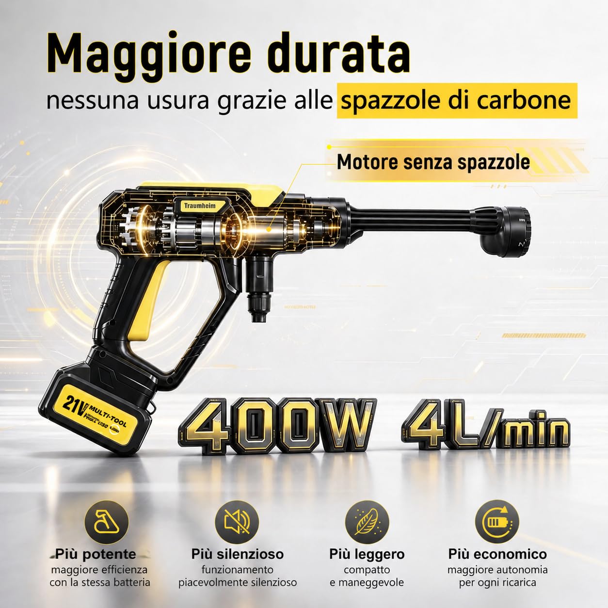 Idropulitrice senza fili, 17 pezzi, 8000 mAh, pressione massima 68 bar, con ugello 6 in 1 e ugello girevole a 180°, idropulitrice portatile per auto, biciclette, terrazze e giardini | Motore brushless, ugello rotante 180°/360°, ugello 6-in-1, attacco per