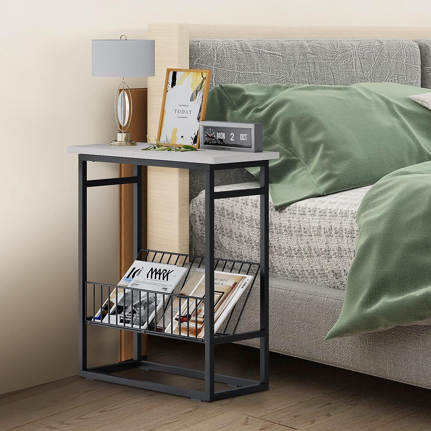 Bedside End Table with Wire Basket Storage Shelf, White Top | Metal Frame, Magazine Organiser, Nightstand Design, Living Room Use, Space-Saving-image-15