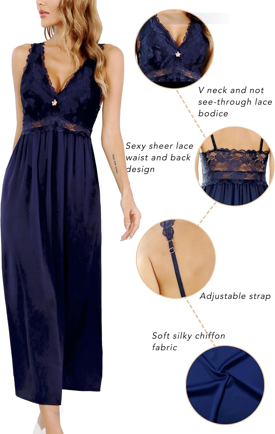 ALCEA ROSEA Womens Sexy Nightgowns Long Floral Lace silky Lingerie supportive Chemises Full slip for Women Elegant Sleepwear - Image 3