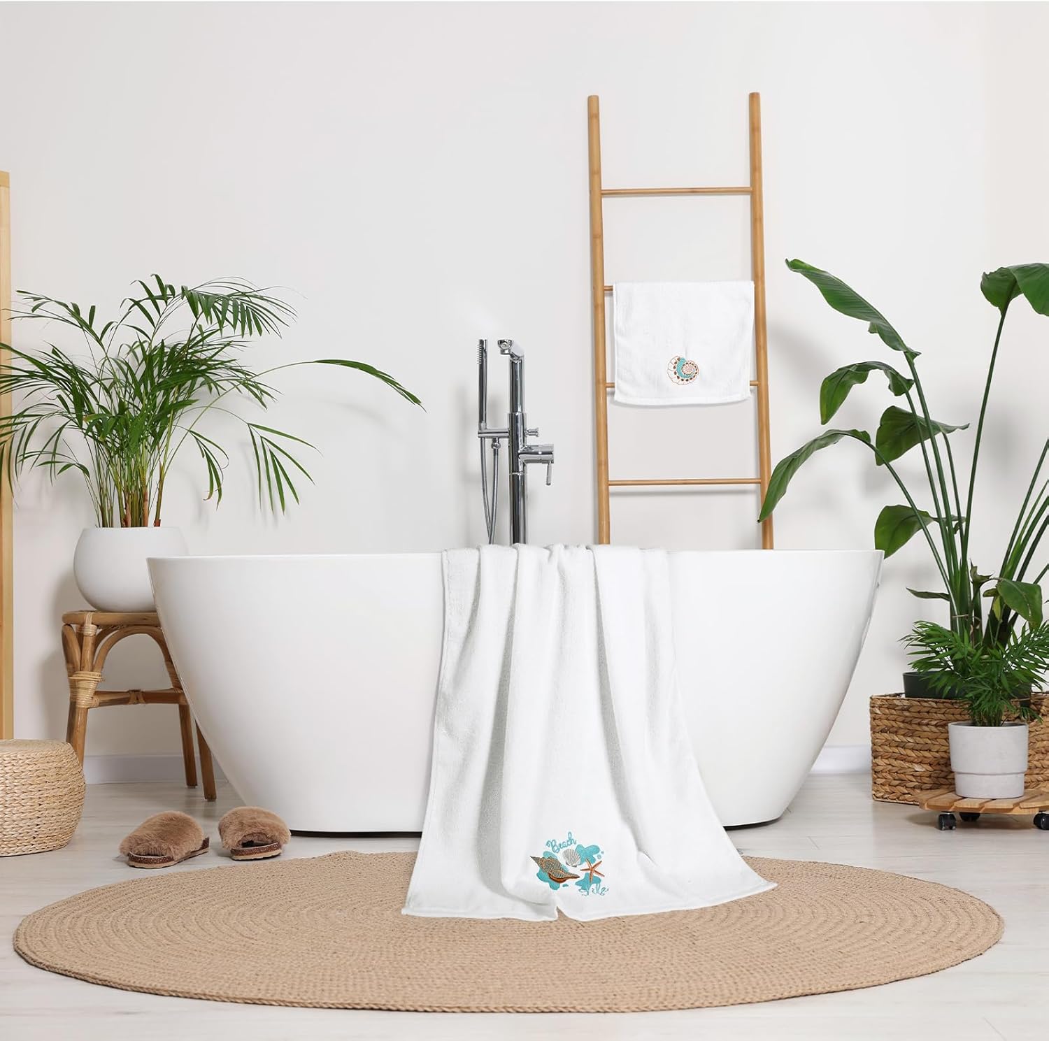Peryiter 3 Pcs Beach Hand Towels for Bathroom Cotton Embroidered 1 Bath Towel 1 Hand Towel and 1 Wash Cloth Absorbent Bath Sheets for Bathroom Decor(White,Shells)
