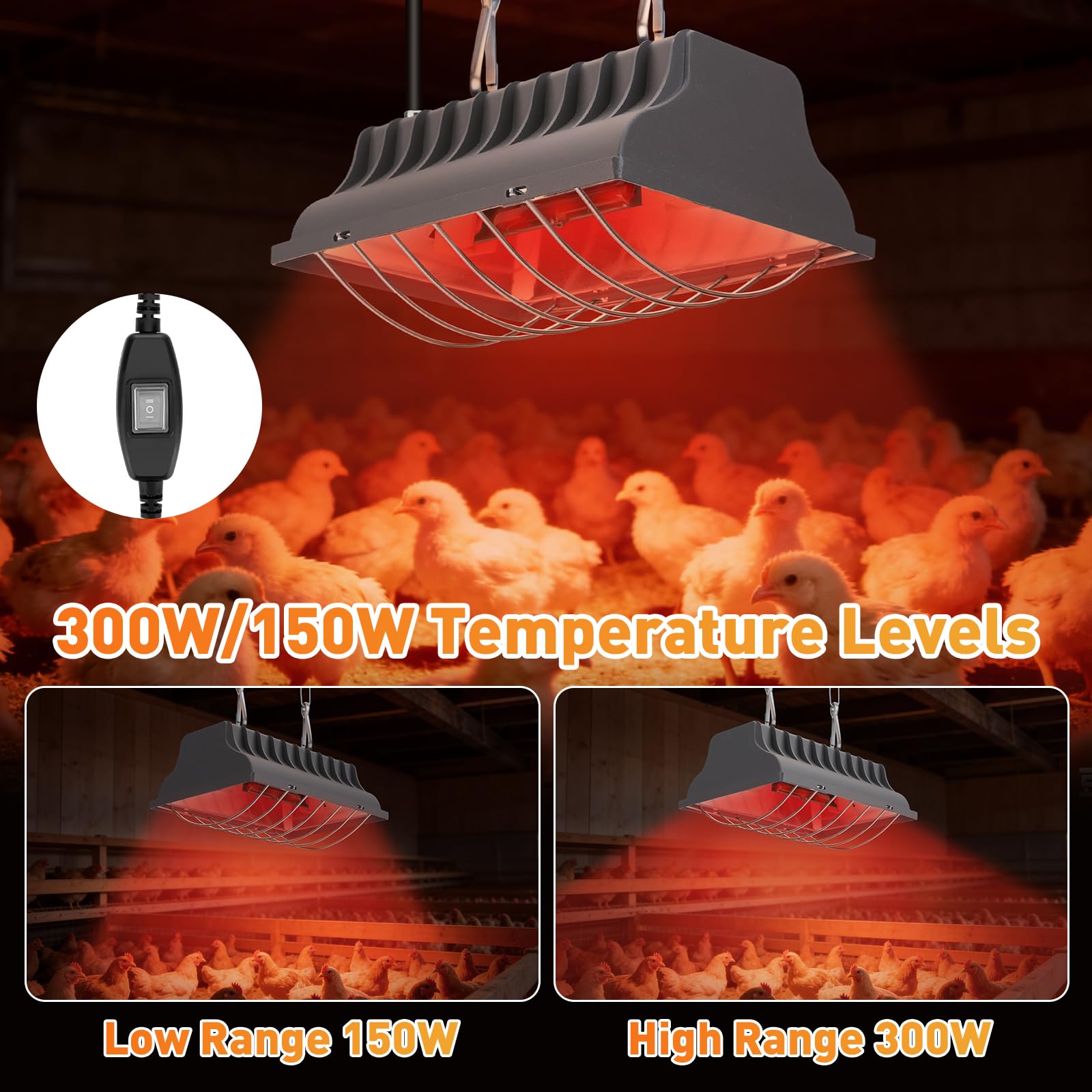 Chauffant Poussin, avec Contrôle de Température 300 W/150 W | Lampe Chauffante Pour Volaille, IPX4 résistante à l'eau, pour poussins, porcelets et volailles