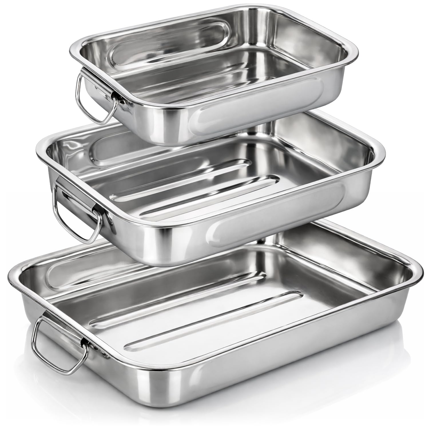 COM-FOUR® 3-teiliges Braten- und Backform-Set - Edelstahl Bräter mit Haltegriffen - Auflaufform Edelstahl zum Kochen und Backen - Ofenform (silberfarben - 3-teilig)