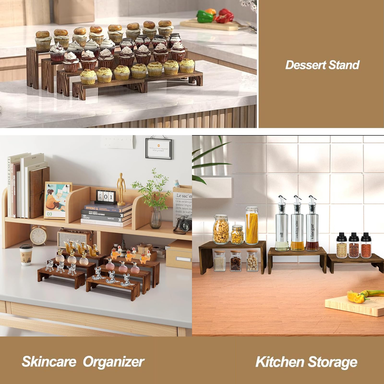 Alzata in Legno Massello 4 Ripiani, Porta Profumi, Espositore per Buffet, Supporto Display per Dolci, Collezioni, Figura, Libri, Cosmetici, Mensola Decorativa per Casa