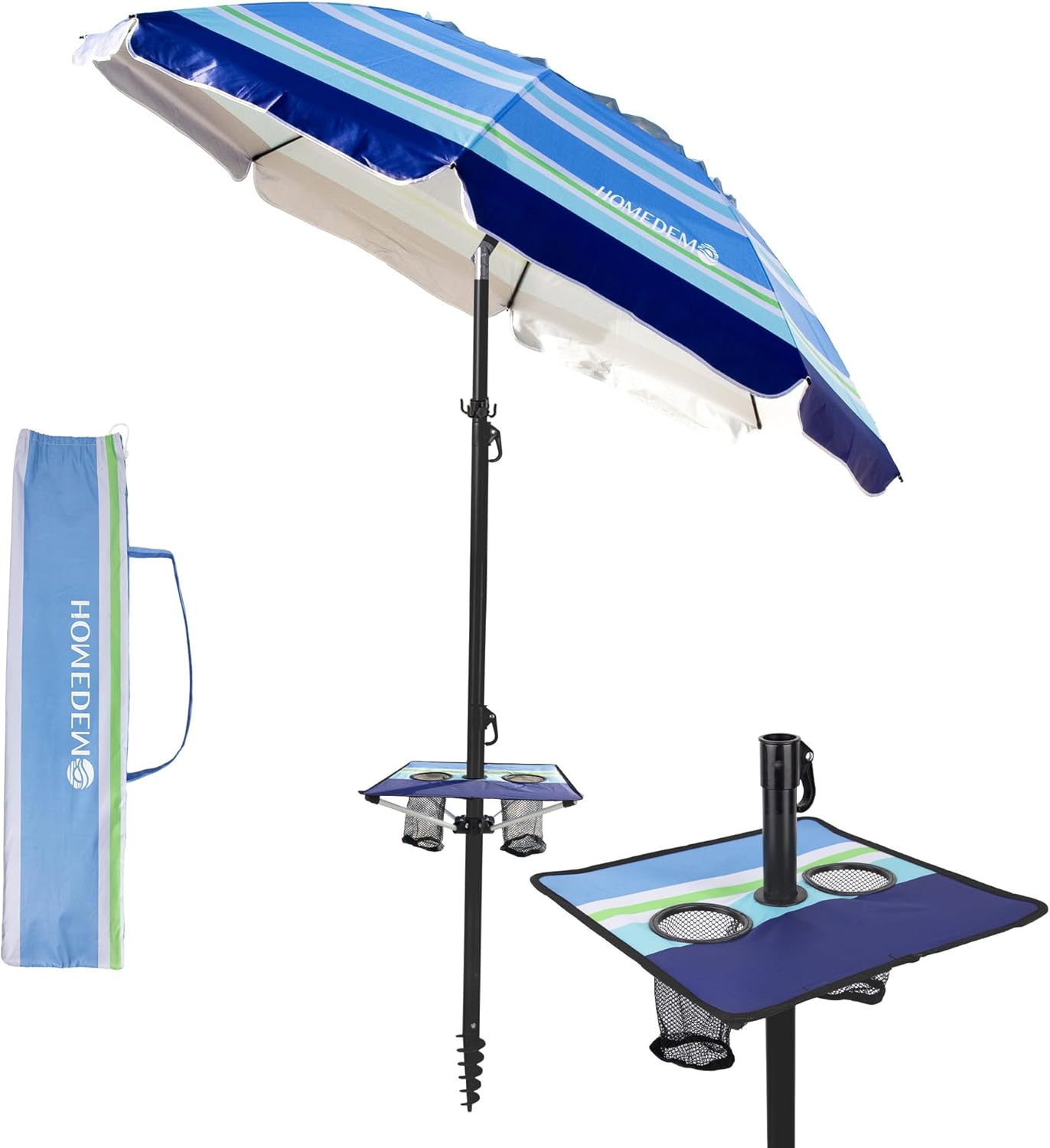 HOMEDEMO 7ft Beach Umbrellas For Sand Heavy Duty Wind, Portable Beach Umbrella UPF 50+ Windproof Outdoor Beach Umbrella with Sand Anchor, Tilt Pole, Carry Bag, Table Tray, Vent and Hook 7FT with Table Blue green white stripes