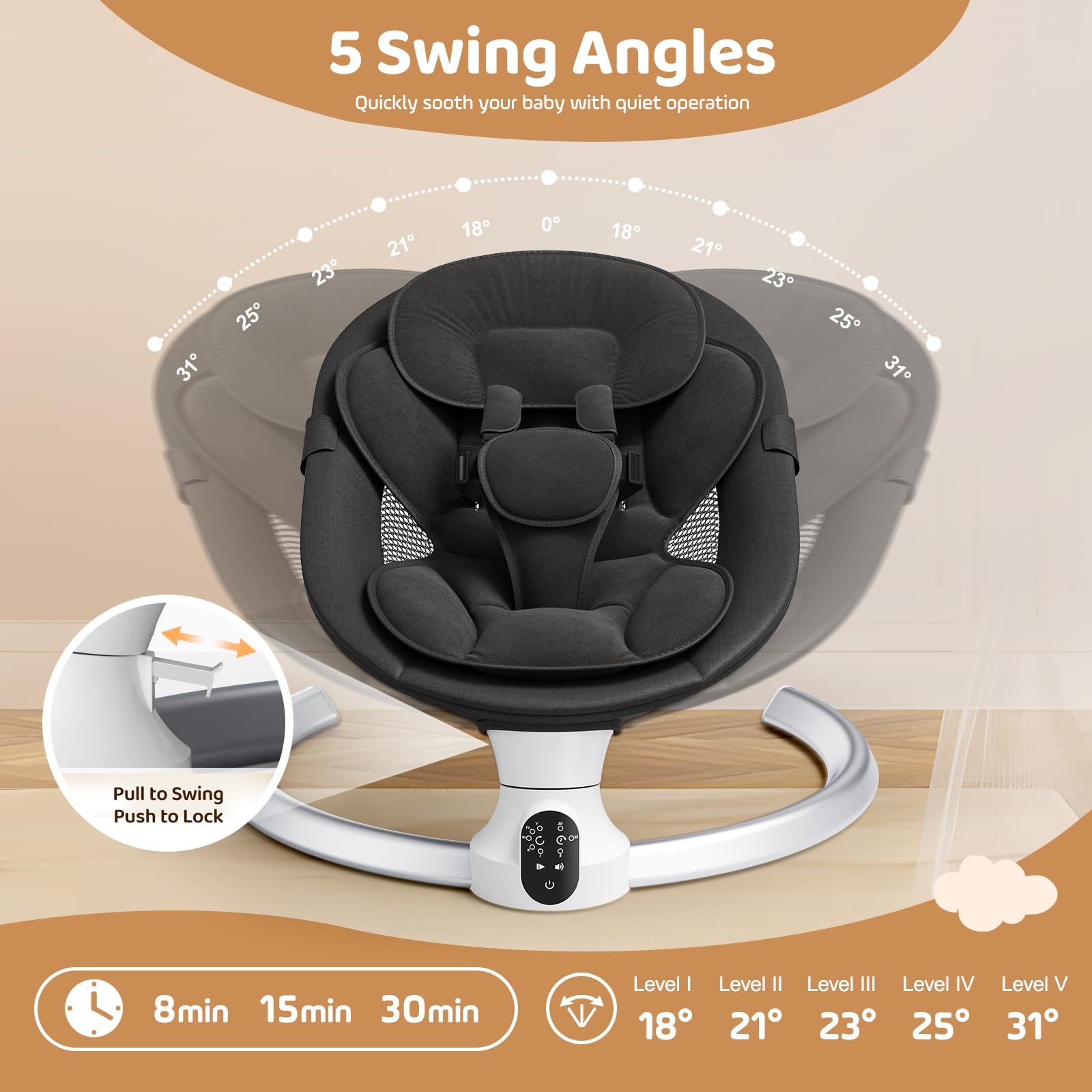 Silla mecedora eléctrica para bebé desde el nacimiento con aplicación móvil y control remoto para recién nacido hasta 9 kg de peso con arnés de seguridad de 5 puntos (negro)