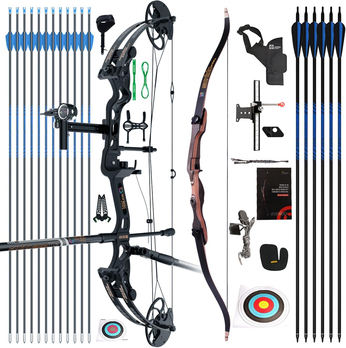 Sanlida Hero X8 Junior Professional- Grade Standard Target Compound Bow Kit and Sanlida Noble Standard Beginner & Intermediate Recurve Bow and Arrows Kit