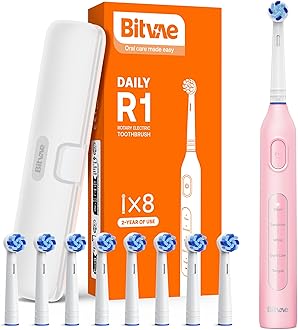 Bitvae R1 Rotating Electric Toothbrush with 8 Brush Heads for Adults and Kids, 5 Modes Rechargeable Power Toothbrush, 3 Hours Fast Charge for 60 Days, Brushing Timer, Pink