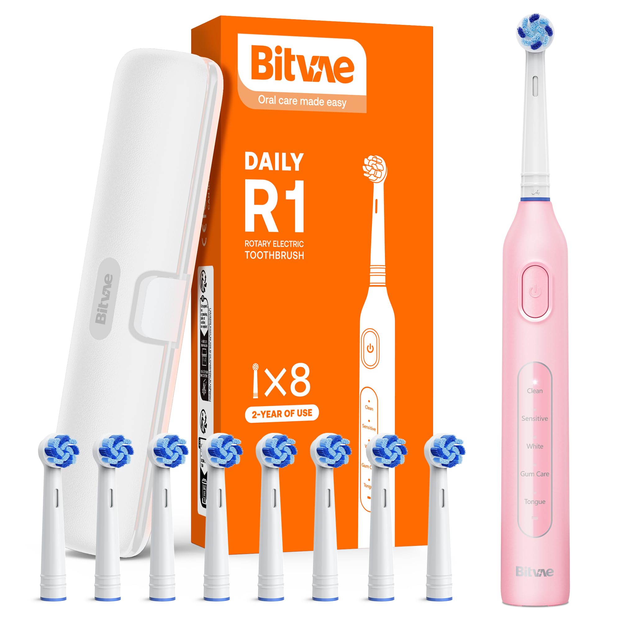 Bitvae R1 Rotating Electric Toothbrush with 8 Brush Heads for Adults and Kids, 5 Modes Rechargeable Power Toothbrush, 3 Hours Fast Charge for 60 Days, Brushing Timer, Pink