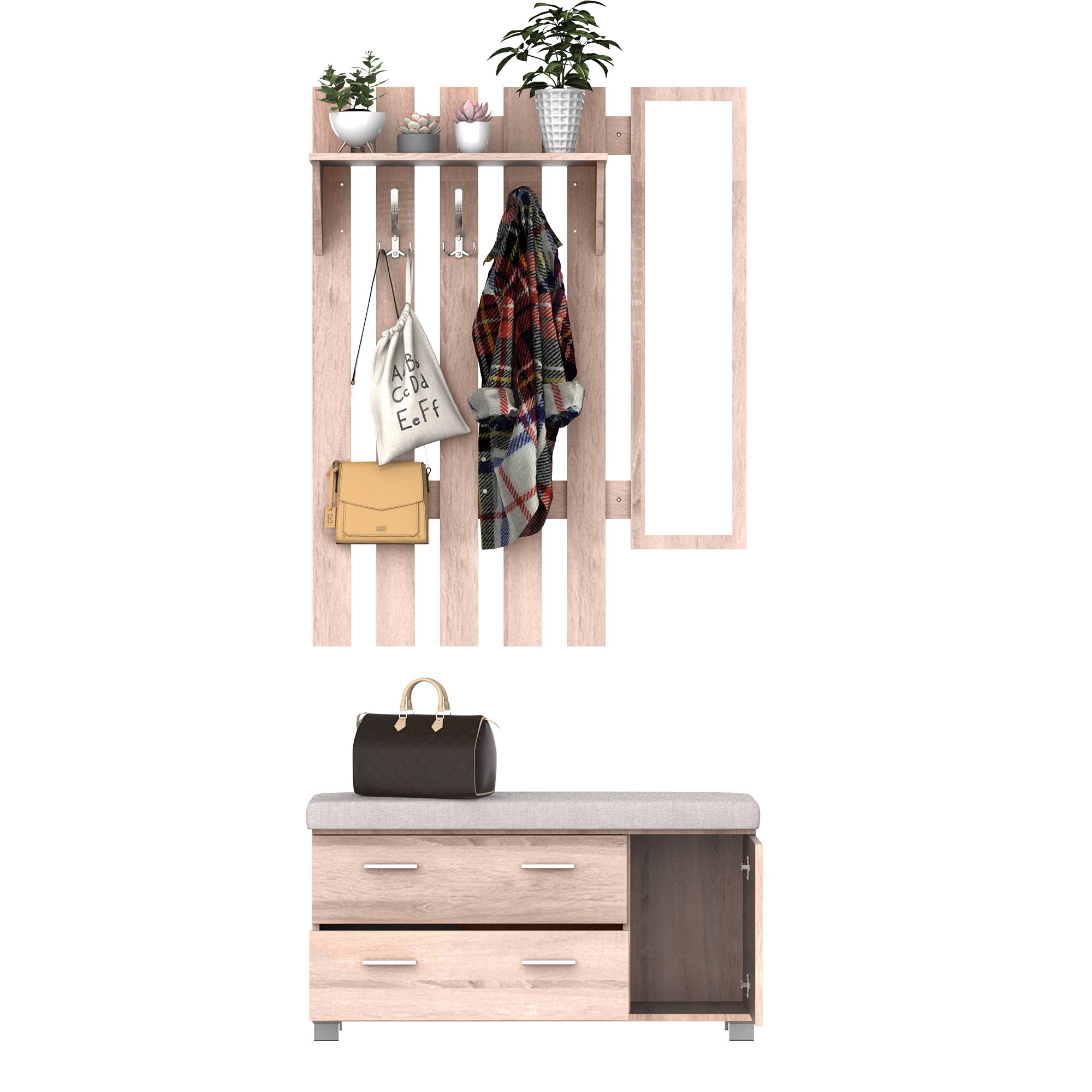 HOMCOM Set Arredo Guardaroba 3 in 1 con Specchio e Scarpiera da Ingresso Pannello Truciolare 90 x 21.5 x 116cm Quercia