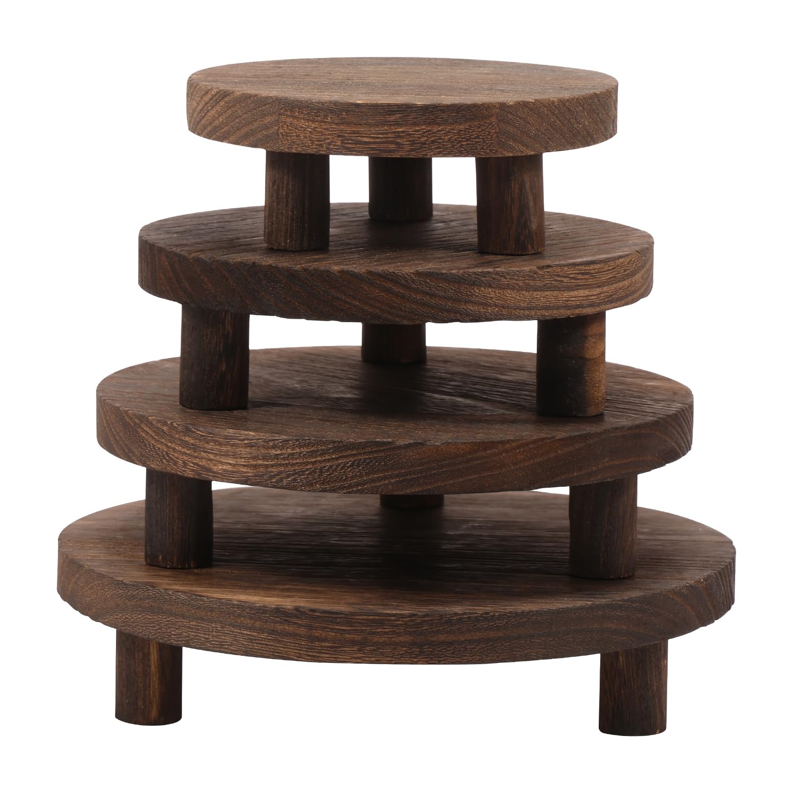 4Pcs Wooden Round Planting Pedestal Stand with 3 Support Feet Wood Riser for Bonsai, Strong Load Bearing Stackable Flower Pot Stand for Home Kitchen Balcony