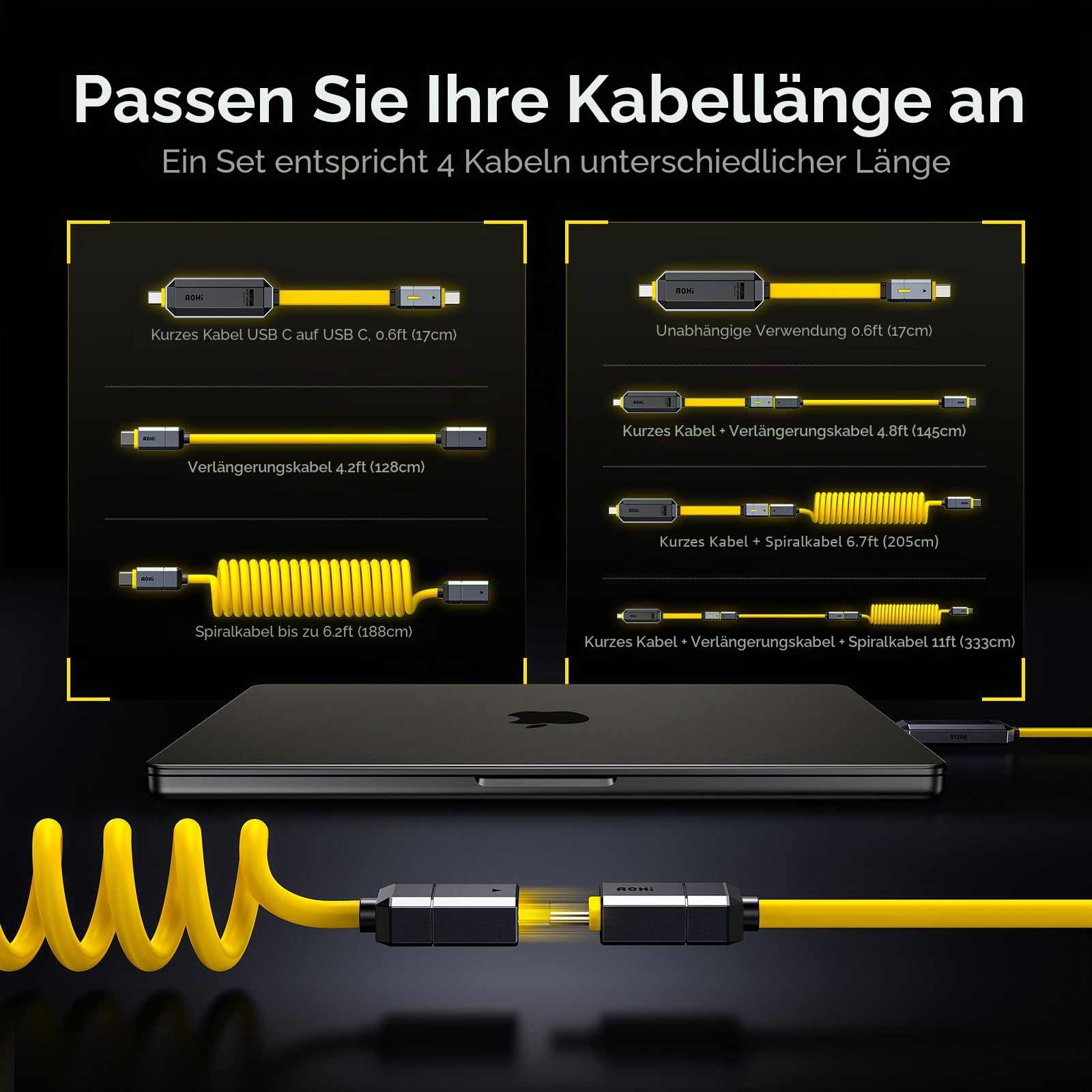AOHI 240W PD3.1 Kabel, 3.3m USB C Schnellladekabel Ladekabel Kompatibel mit MacBook, SSD, Dock, Goldgelb