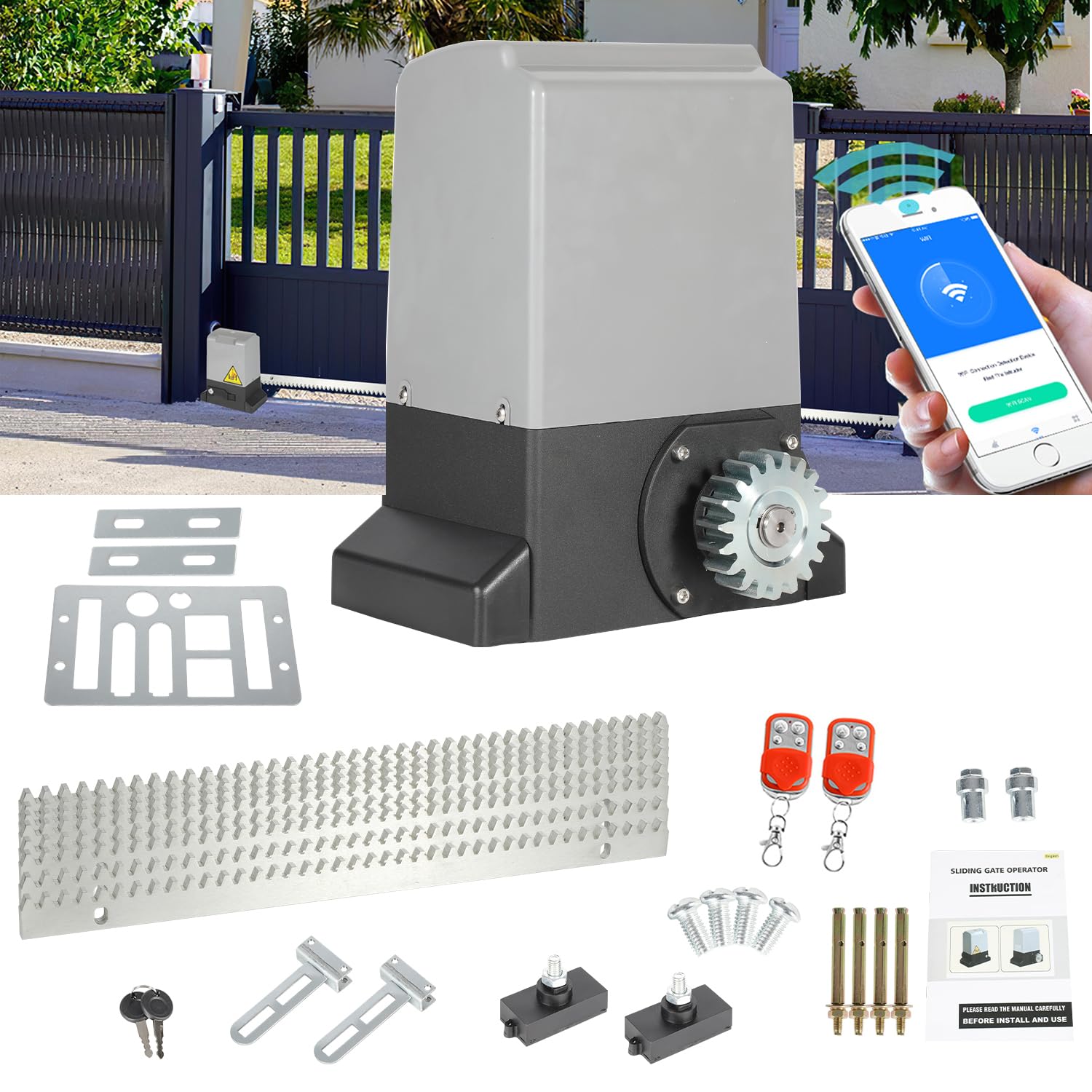 Jaxguom Schiebetorantrieb 550W, Garagentorantrieb bis 1200kg, Schiebetorantrieb Set mit Fernbedienungen und WLAN-Funktion, Automatischer Flügeltorantrieb Torantrieb Wasserdicht