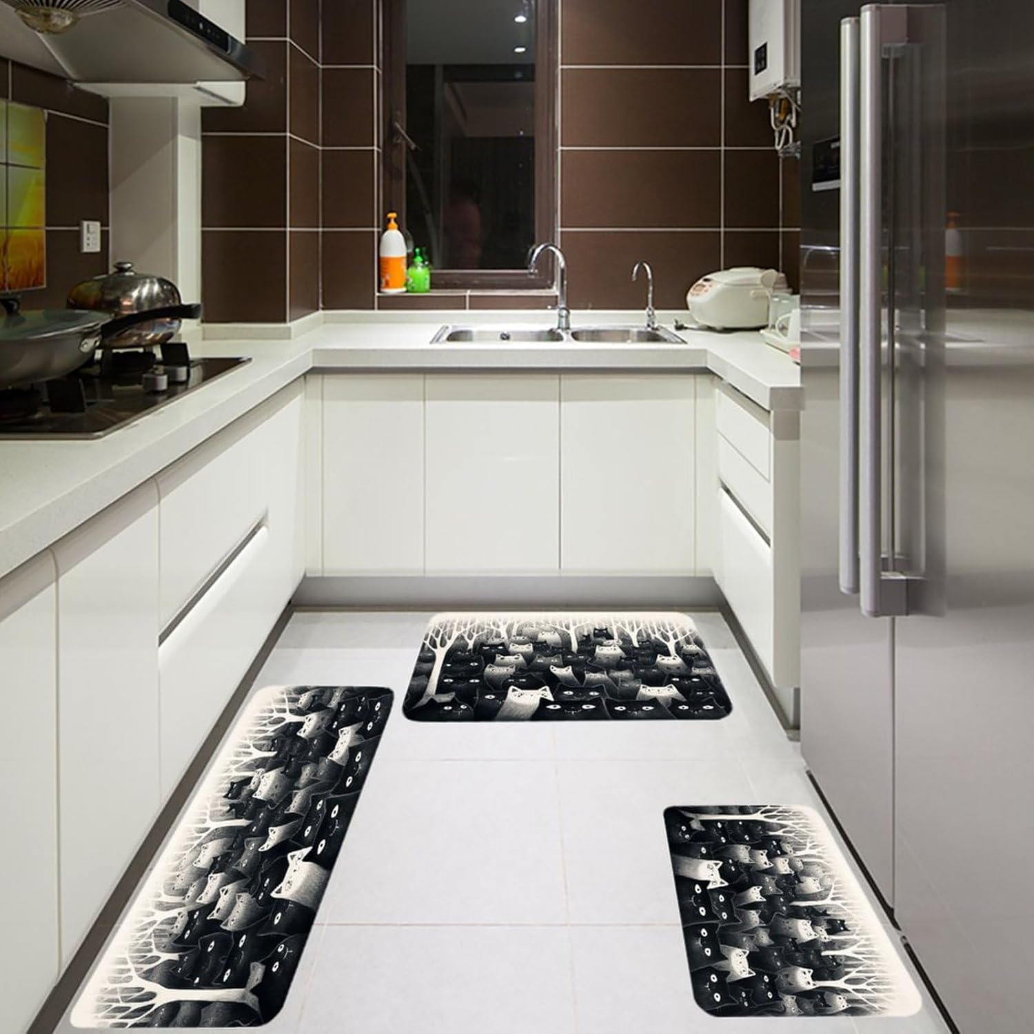 Black Cats Kitchen Mat Set of 3 Waterproof Floor Mats Non-Slip Kitchen Rugs Premium Flannel Rug Heavy Duty Standing Mat for Kitchen Home Bathroom Laundry