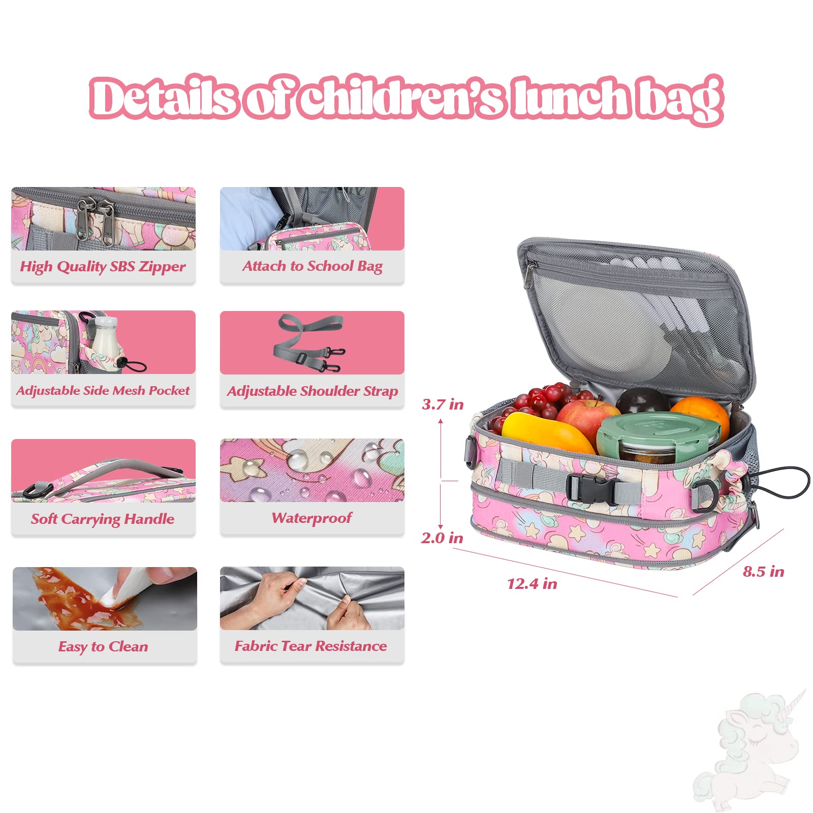 Maelstrom Lunchbox für Kinder, erweiterbare Kinder-Lunchbox, isolierte Lunchtasche für Kinder, wiederverwendbare Lunchtasche für Junge/Mädchen, 9 l, Ballon-Einhorn (KB02-MSLB02-6)