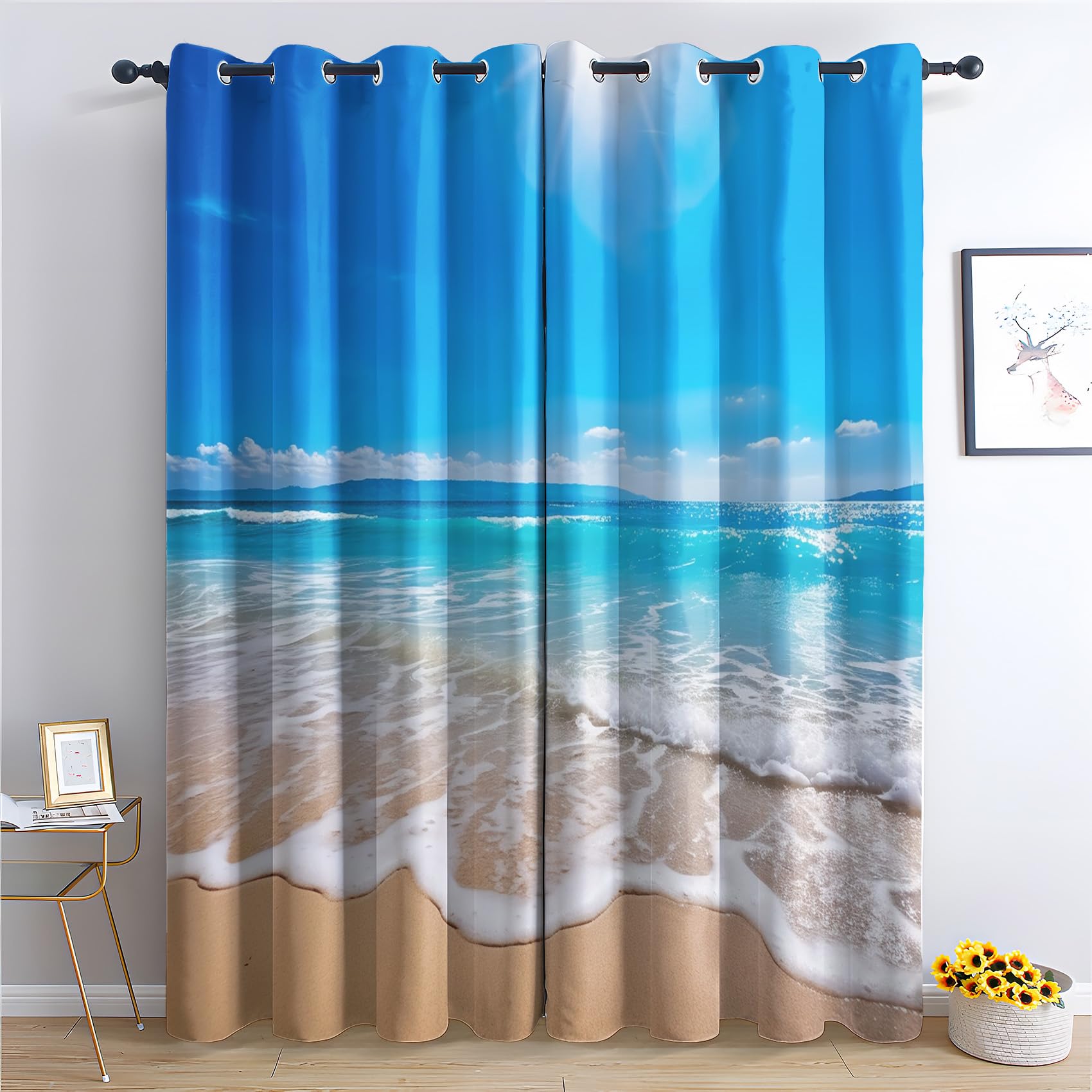 QEODAH Beach Curtains 137cm Drop, Ocean Seaside Coastal Hawaiian Patterned Blackout Curtains for Bedroom, Living Room Decor, Soft Thermal Insulated Eyelet Drapes for Windows - 2 Panels