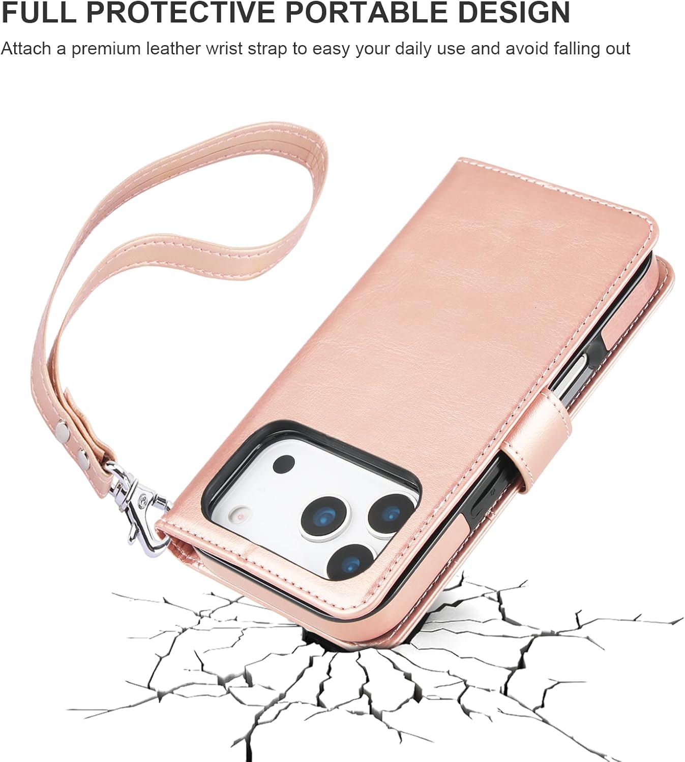 Bocasal Detachable Wallet Case for iPhone 17 Pro RFID Blocking Card Slots Holder Premium PU Leather Magnetic Kickstand Shockproof Wrist Strap Removable Flip Protective Cover 5G 6.3 inch (Rose Gold)