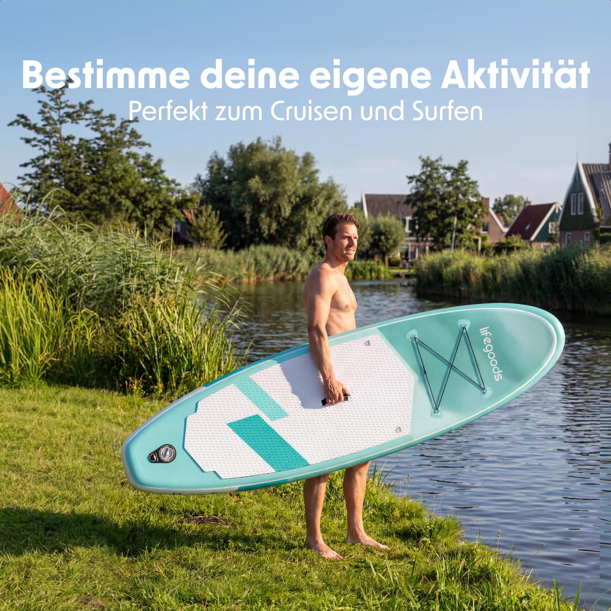 LifeGoods SUP Board Set - Aufblasbare Stand Up Paddling Board - Komplettes Set inklusive Zubehör und Verstellbares Padel - Geeignet für Anfänger und Fortgeschrittene - Bis 100KG - 320x81cm