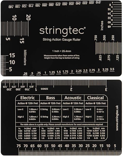 Guitar String Action Gauge Set Up Ruler for Electric, Acoustic, Bass, Classical Guitar - Imperial and Metric Measurements - 500 Micron Anodised Steel - MADE IN UK
