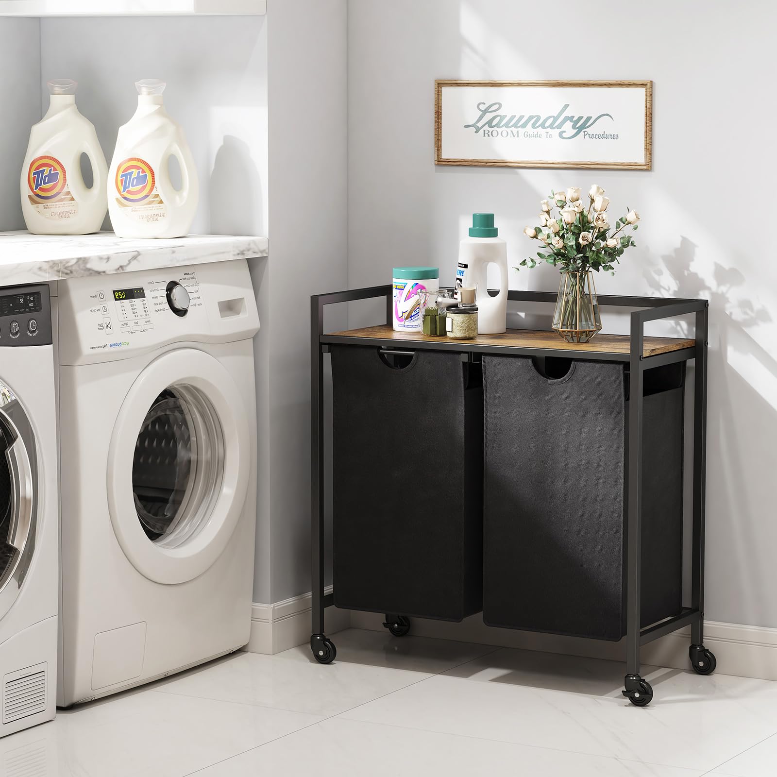 Lifewit Cesto Portabiancheria con Ruote, Mobile Biancheria Sporca con Sacco Porta Biancheria in Tessuto Oxford e Ripiano in Metallo per Lavanderia, Camere da Letto, Bagno, 2 Scomparti, 95 L, Nero