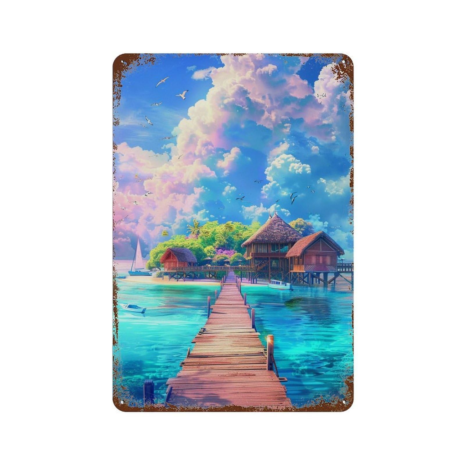 Tropical Paradise Island Rusty Metal Tin Sign 11.8"x7.9", Rustic Home Decor for Garage, Pub Or Kitchen