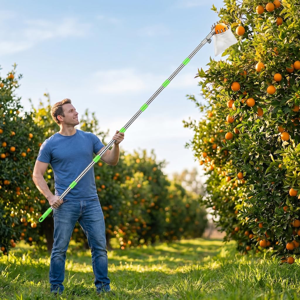 4.2m Obstpflücker mit Teleskopstiel, Apfelpflücker Obstpflücker, Kirschenpflücker mit Baumwollbeutel, Edelstahl Obstsammler für Kirschen, Kirschen Pflücker Pflaumenpflücker, Pflaumenpflücker (4.2m)