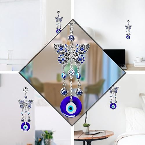 Miniatura 6 de Dije de pared creativo hecho a mano con ojos azules retro de ojo malvado de metal plateado, dije de buena suerte, oficina, decoración de automóvil,