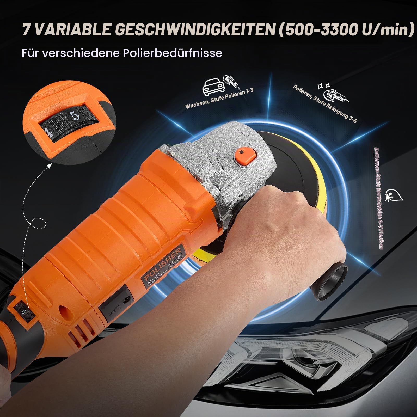 Autopoliermaschine, 1580 W, 7 variable Geschwindigkeiten, 500 – 3300 U/min, abnehmbarer D-Mang/seitlicher Griff, Orbitalpolierer fürs Auto zum Polieren und Wachsen