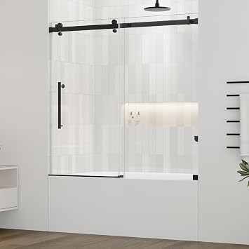 DELAVIN 56-60 in.W x 60 in.H Frameless Bathtub Door, Stainless Steel Guide Rail Tub Shower Door, Bathtub Shower Door with SGCC Certified Clear Tempered Glass, Black Shower Doors