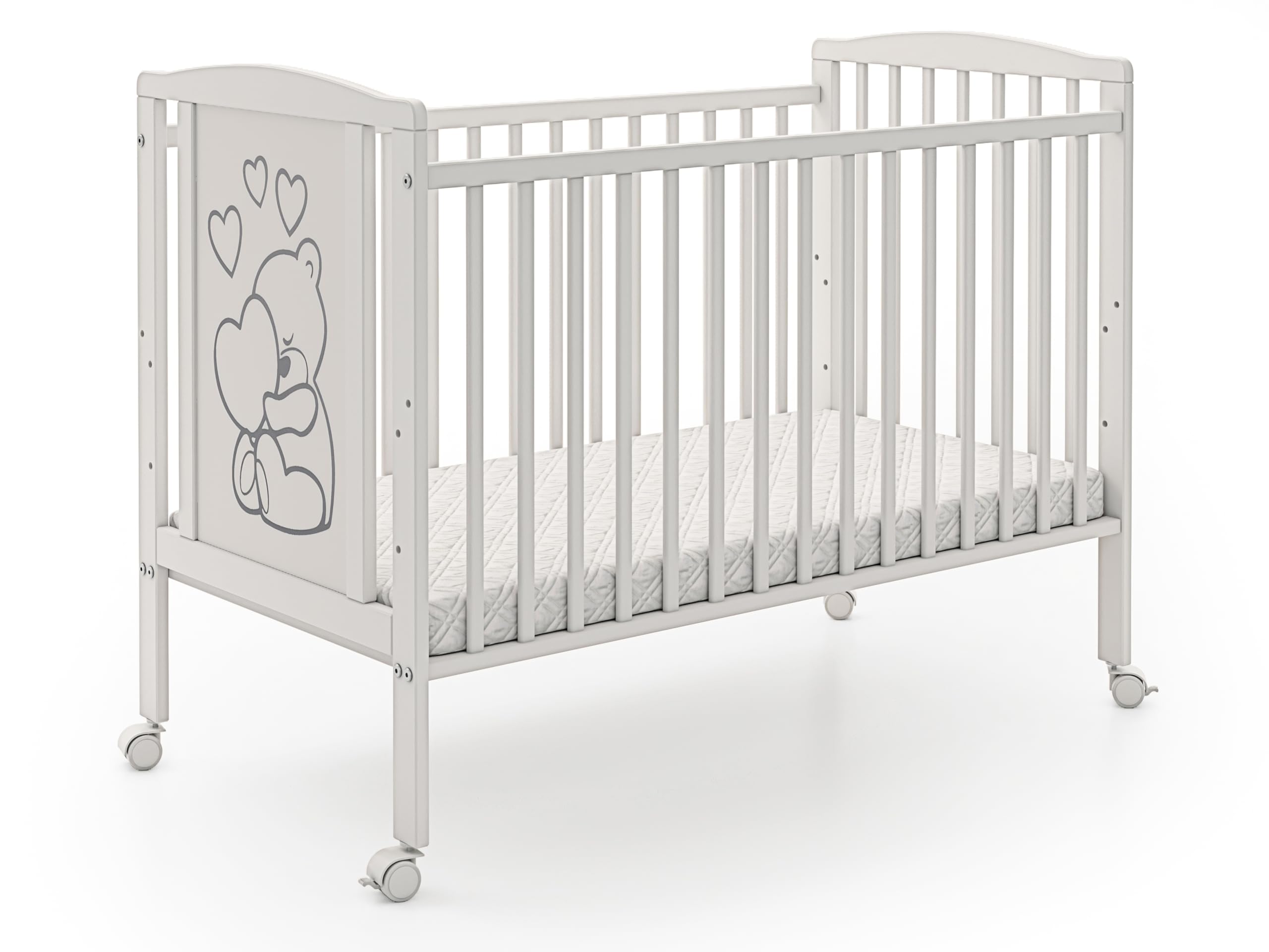 Lettino con materasso 60x120 cm Luca-Mia – Lettino in legno con sbarre, design cuore