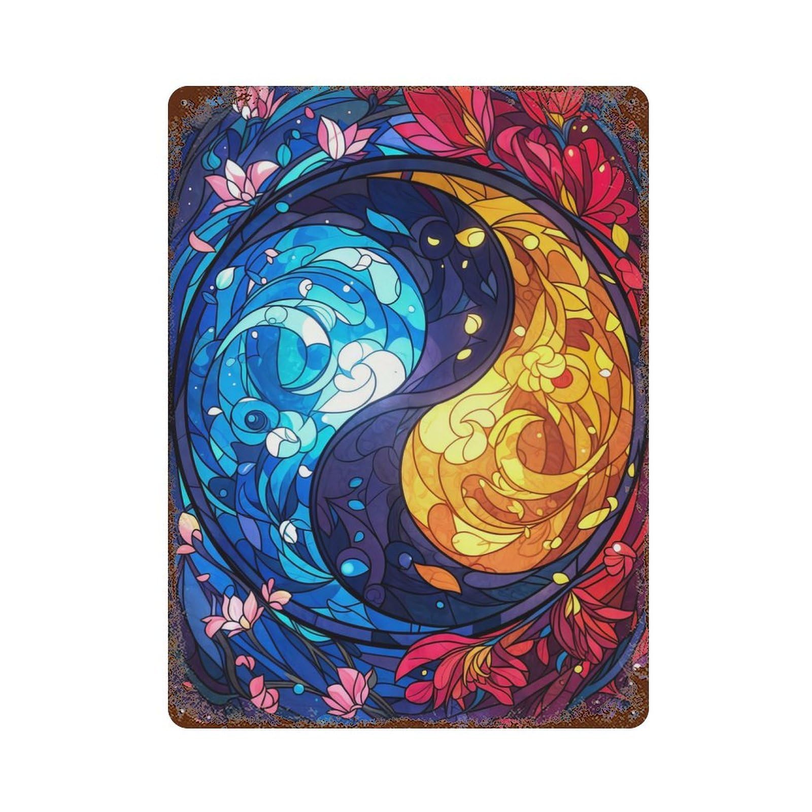 Ying Yang Stained Glass Weathered Tin Sign 15.7"x11.8", Decorative Metal Wall Art for Garage, Bar And Workshop Decor